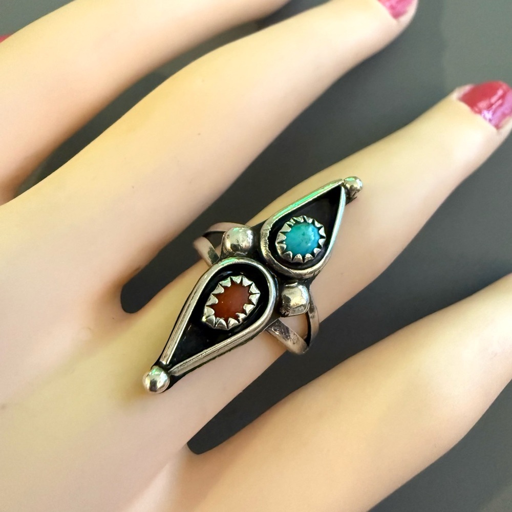 Vintage Southwestern Coral Turquoise Sterling Silver Ring - Picture 4 of 5